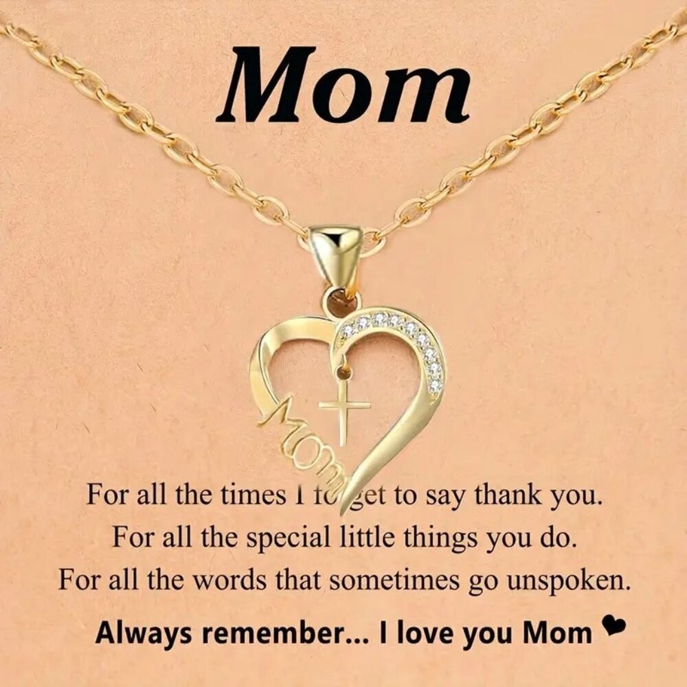 Gold Mom Heart Cross Necklace Christian Jewelry Mother’s Day Birthday Gift